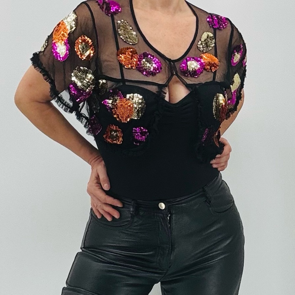 Betsey Johnson Vintage Y2K Fairycore Whimsigoth Sequin Sheer Mesh Shrug Bolero
